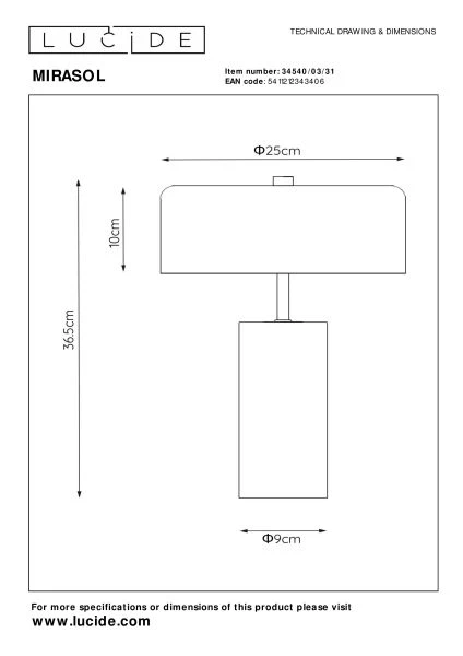 Lucide MIRASOL - Lámpara de mesa - Ø 25 cm - 3xG9 - Blanco - técnico